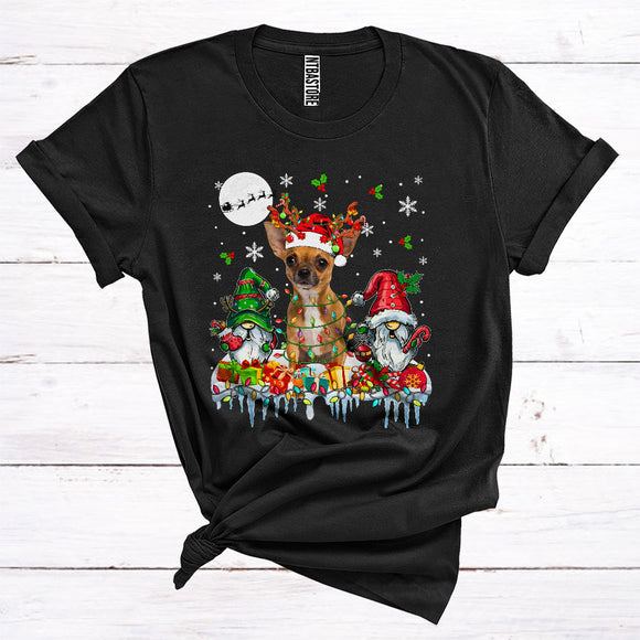MacnyStore - Santa Reindeer Chihuahua With Gnomes Cute Christmas Lights Animal Owner T-Shirt