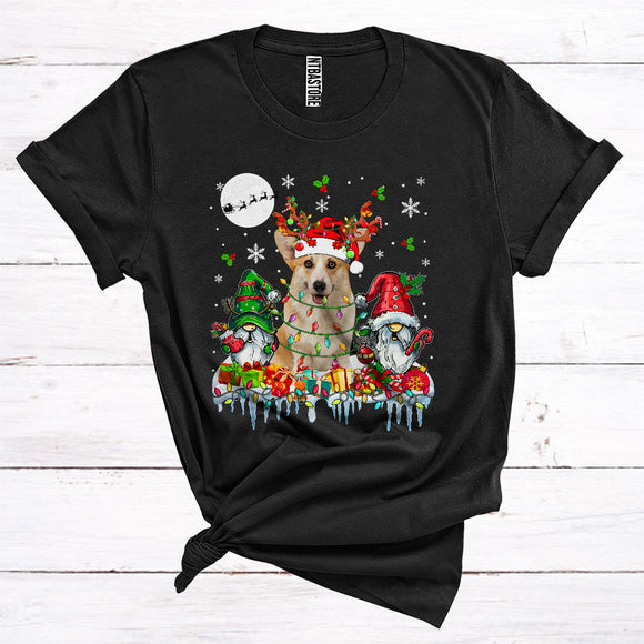 MacnyStore - Santa Reindeer Corgi With Gnomes Cute Christmas Lights Animal Owner T-Shirt