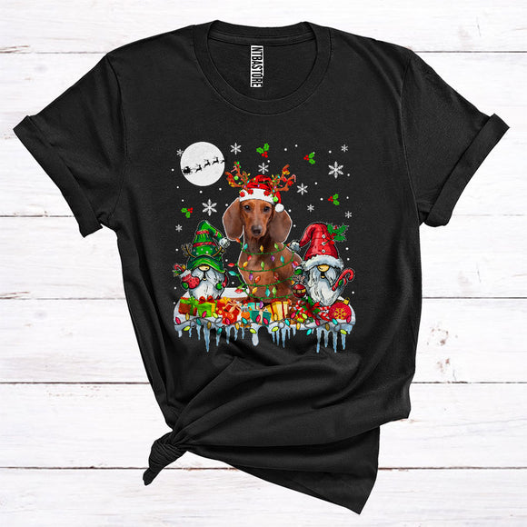 MacnyStore - Santa Reindeer Dachshund With Gnomes Cute Christmas Lights Animal Owner T-Shirt