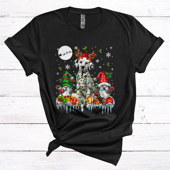 MacnyStore - Santa Reindeer Dalmatian With Gnomes Cute Christmas Lights Animal Owner T-Shirt