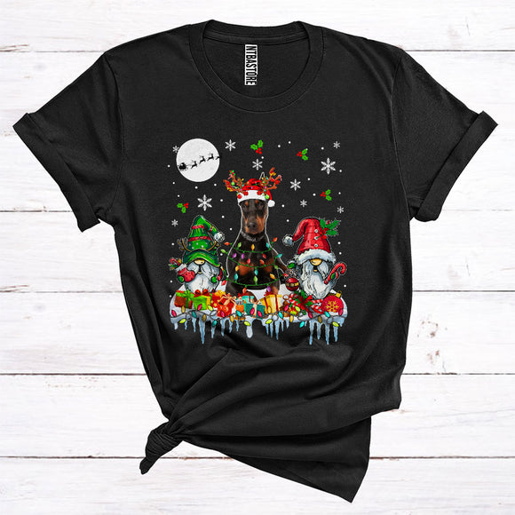 MacnyStore - Santa Reindeer Dobermann With Gnomes Cute Christmas Lights Animal Owner T-Shirt
