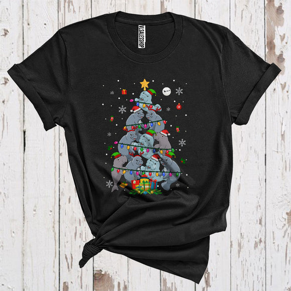 MacnyStore - Santa Reindeer ELF Manatees Christmas Tree Funny Xmas Lights Sea Animal Lover T-Shirt