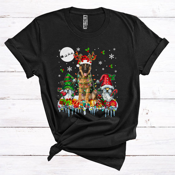 MacnyStore - Santa Reindeer German Shepherd With Gnomes Cute Christmas Lights Animal Owner T-Shirt