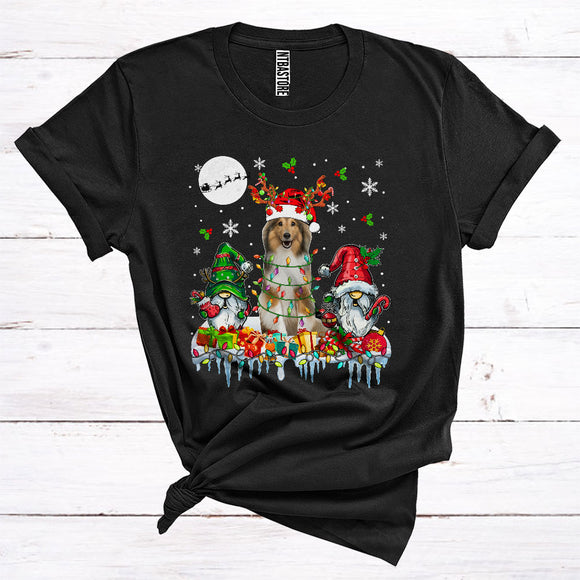 MacnyStore - Santa Reindeer Shetland Sheepdog With Gnomes Cute Christmas Lights Animal Owner T-Shirt
