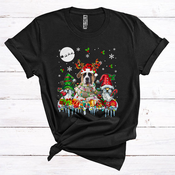 MacnyStore - Santa Reindeer St. Bernard With Gnomes Cute Christmas Lights Animal Owner T-Shirt