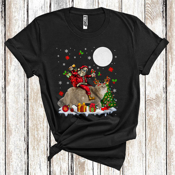 MacnyStore - Santa Riding Reindeer British Longhair Cat Cute Christmas Tree Lights Cat Owner Lover T-Shirt
