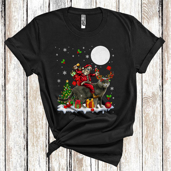 MacnyStore - Santa Riding Reindeer Chartreux Cat Cute Christmas Tree Lights Cat Owner Lover T-Shirt