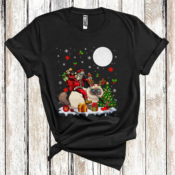 MacnyStore - Santa Riding Reindeer Himalayan Cat Cute Christmas Tree Lights Cat Owner Lover T-Shirt
