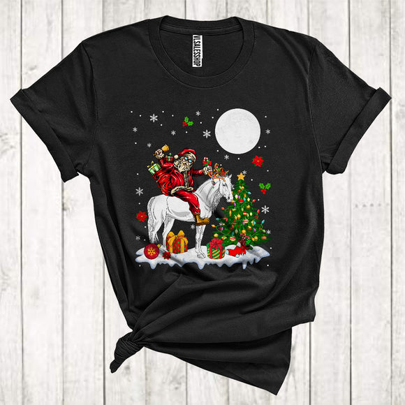 MacnyStore - Santa Riding Reindeer Horse Christmas Tree Lights Funny Farmer Animal Lover T-Shirt