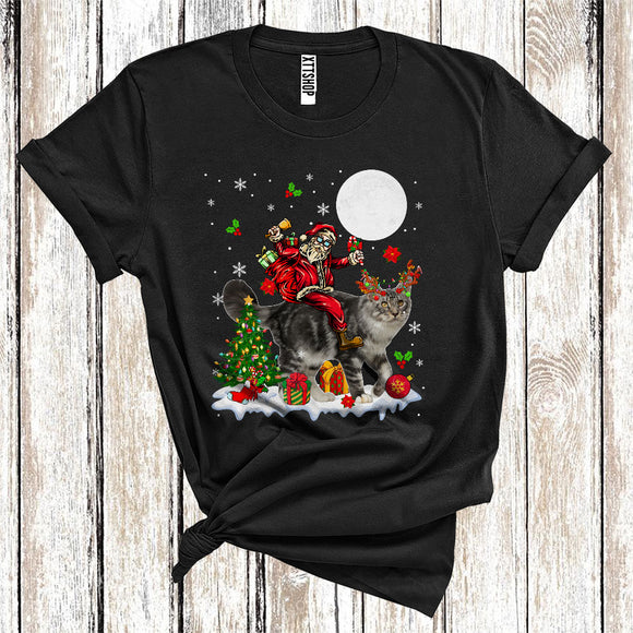 MacnyStore - Santa Riding Reindeer Maine Coon Cat Cute Christmas Tree Lights Cat Owner Lover T-Shirt