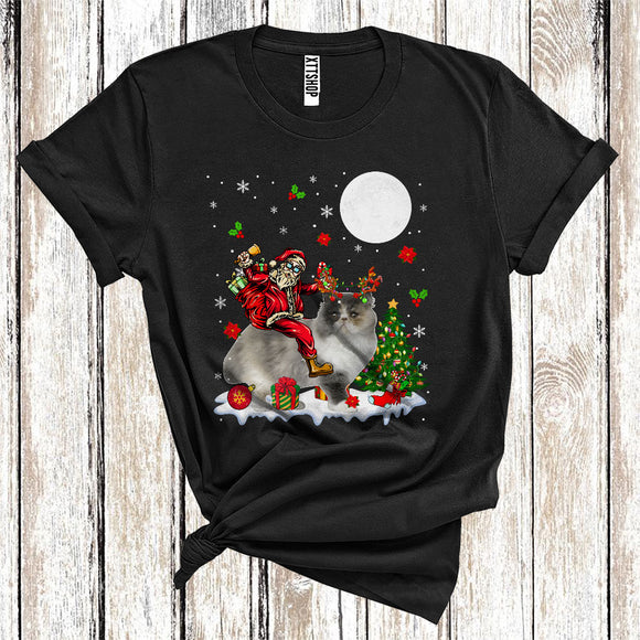 MacnyStore - Santa Riding Reindeer Persian Cat Cute Christmas Tree Lights Cat Owner Lover T-Shirt