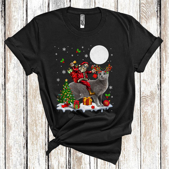 MacnyStore - Santa Riding Reindeer Russian Blue Cat Cute Christmas Tree Lights Cat Owner Lover T-Shirt