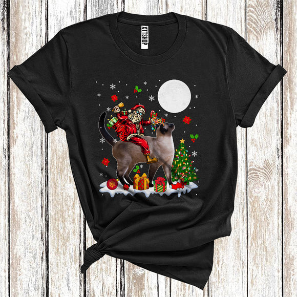 MacnyStore - Santa Riding Reindeer Siamese Cat Cute Christmas Tree Lights Cat Owner Lover T-Shirt