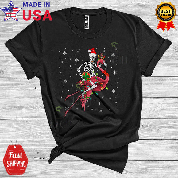 MacnyStore - Santa Skeleton Riding Flamingo Reindeer Cute Xmas Lights Snowing Christmas Kids T-Shirt