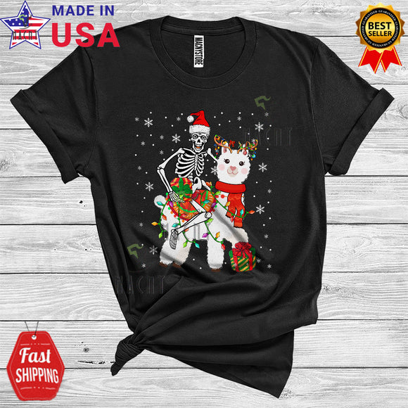 MacnyStore - Santa Skeleton Riding Llama Reindeer Cute Xmas Lights Snowing Animal Lover Christmas Kids T-Shirt