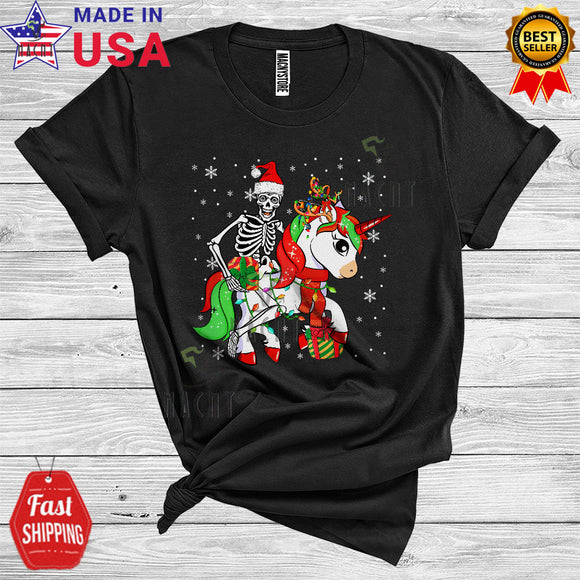 MacnyStore - Santa Skeleton Riding Unicorn Reindeer Cute Xmas Lights Snowing Christmas Kids T-Shirt
