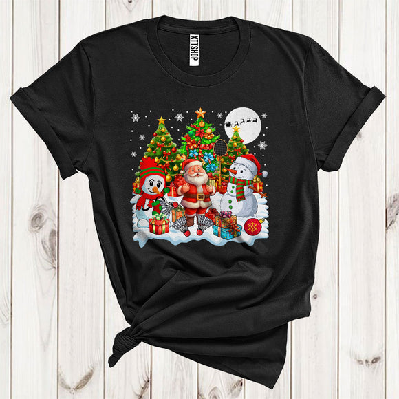 MacnyStore - Santa With Snowman Badminton Xmas Tree Cute Christmas Snow Sport Player Matching Team T-Shirt