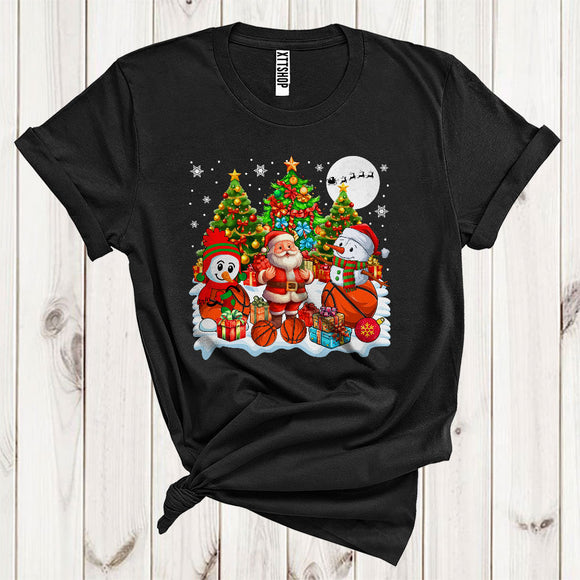 MacnyStore - Santa With Snowman Basketball Xmas Tree Cute Christmas Snow Sport Player Matching Team T-Shirt