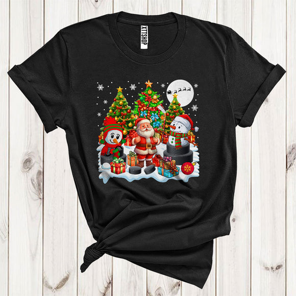 MacnyStore - Santa With Snowman Hockey Xmas Tree Cute Christmas Snow Sport Player Matching Team T-Shirt