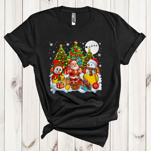 MacnyStore - Santa With Snowman Softball Xmas Tree Cute Christmas Snow Sport Player Matching Team T-Shirt