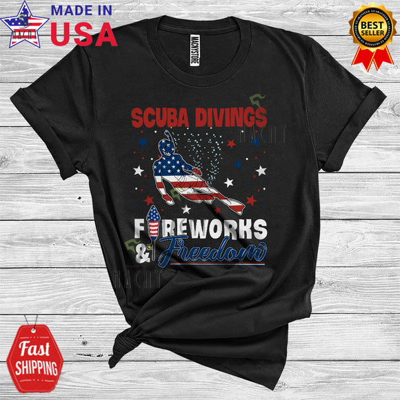 MacnyStore - Scuba Divings Fireworks And Freedom Patriotic 4th Of July Proud American Flag Sports Player Lover T-Shirt