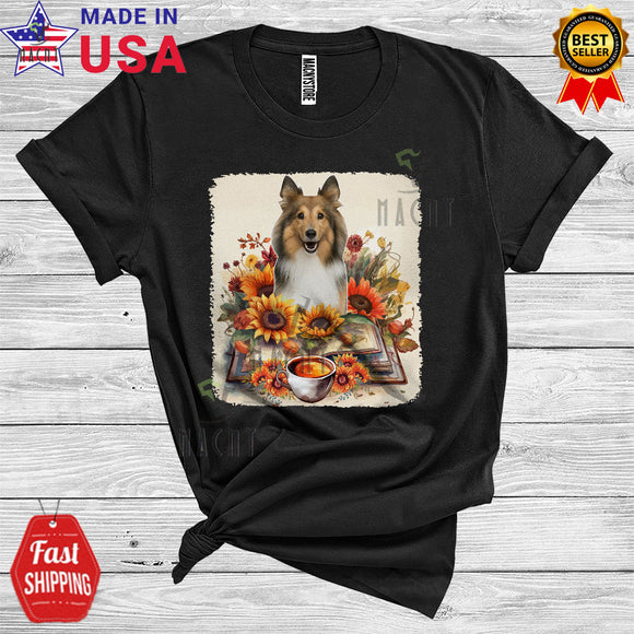 MacnyStore - Shetland Sheepdog Reading Book And Coffee Cute Floral Book Lover Animal Owner T-Shirt