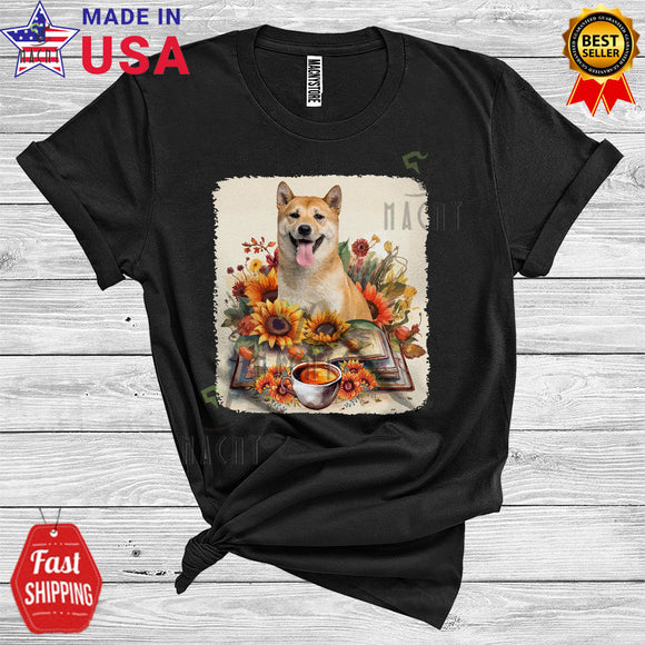 MacnyStore - Shiba Inu Reading Book And Coffee Cute Floral Book Lover Animal Owner T-Shirt