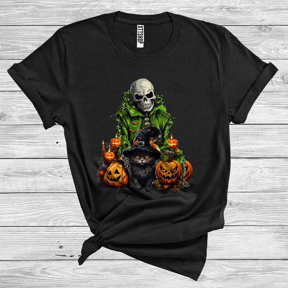 MacnyStore - Skeleton With Cat Witch Scary Skull Carved Pumpkins Halloween Costume T-Shirt