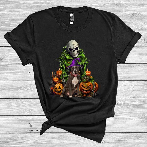 MacnyStore - Skeleton With Pit Bull Witch Scary Skull Carved Pumpkins Halloween Costume T-Shirt