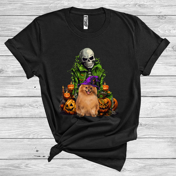 MacnyStore - Skeleton With Pomeranian Witch Scary Skull Carved Pumpkins Halloween Costume T-Shirt