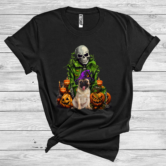 MacnyStore - Skeleton With Pug Witch Scary Skull Carved Pumpkins Halloween Costume T-Shirt