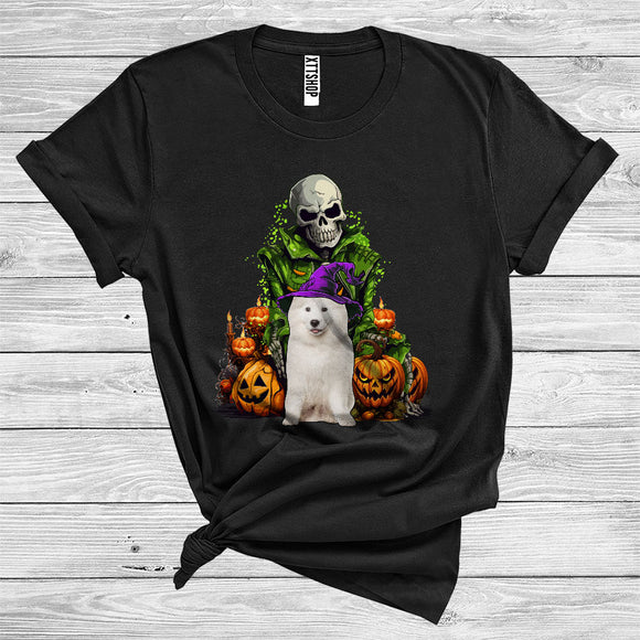 MacnyStore - Skeleton With Samoyed Witch Scary Skull Carved Pumpkins Halloween Costume T-Shirt
