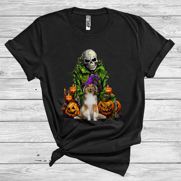 MacnyStore - Skeleton With Sheltie Witch Scary Skull Carved Pumpkins Halloween Costume T-Shirt