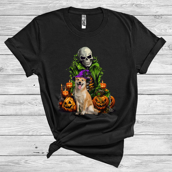 MacnyStore - Skeleton With Shiba Inu Witch Scary Skull Carved Pumpkins Halloween Costume T-Shirt