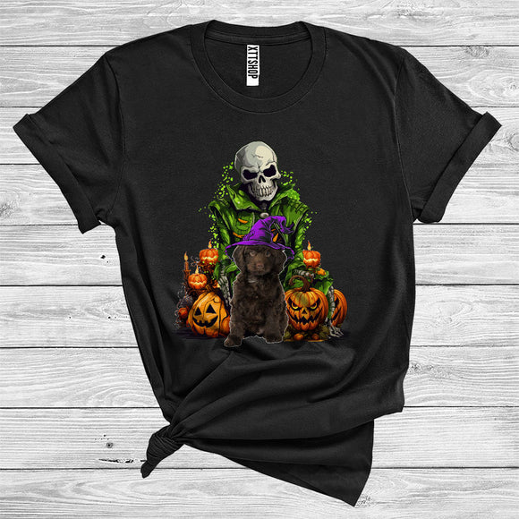 MacnyStore - Skeleton With Sproodle Witch Scary Skull Carved Pumpkins Halloween Costume T-Shirt