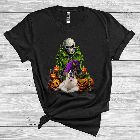 MacnyStore - Skeleton With St. Bernard Witch Scary Skull Carved Pumpkins Halloween Costume T-Shirt