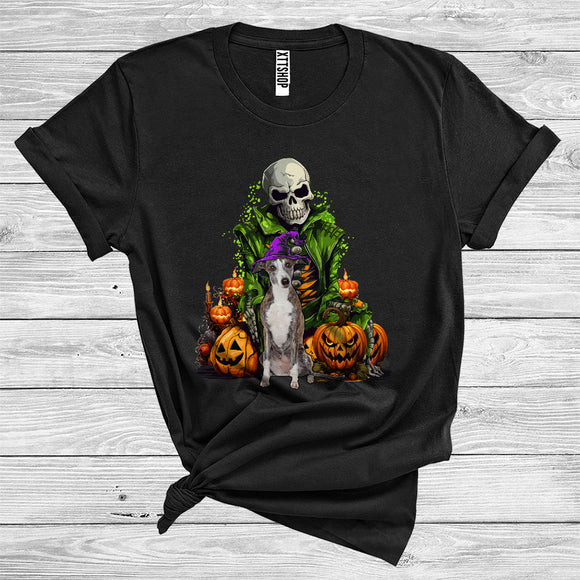 MacnyStore - Skeleton With Whippet Witch Scary Skull Carved Pumpkins Halloween Costume T-Shirt