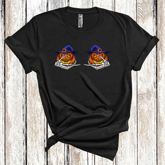MacnyStore - Skeleton Hands Holding Witch Carved Pumpkin Boob Funny Halloween Costume T-Shirt