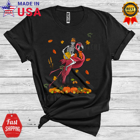 MacnyStore - Skeleton Pilgrim Riding Flamingo Cute Thanksgiving Fall Leaves Pumpkin Animal Lover Kids T-Shirt