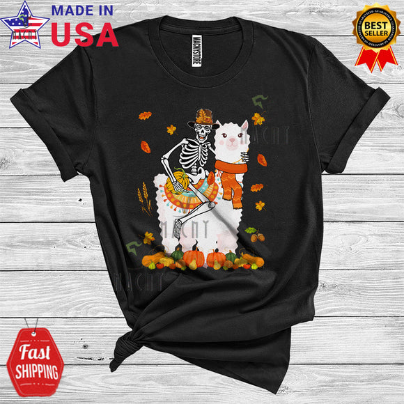 MacnyStore - Skeleton Pilgrim Riding Llama Cute Thanksgiving Fall Leaves Pumpkin Animal Lover Kids T-Shirt