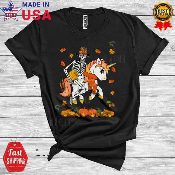 MacnyStore - Skeleton Pilgrim Riding Unicorn Cute Thanksgiving Fall Leaves Pumpkin Animal Lover Kids T-Shirt