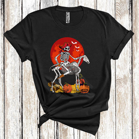 MacnyStore - Skeleton Pirate Riding Horse Skeleton With Treasury Carved Pumpkin Funny Halloween T-Shirt