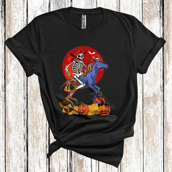 MacnyStore - Skeleton Pirate Riding Zombie Unicorn With Treasury Carved Pumpkin Funny Halloween T-Shirt