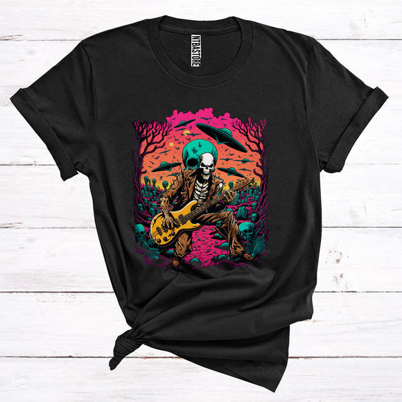 MacnyStore - Skeleton Playing Guitar Vibes Horror UFO Skull Halloween Costume T-Shirt
