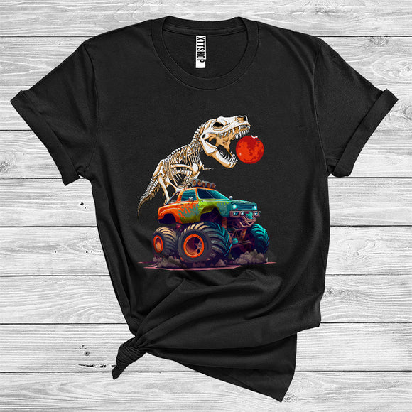 MacnyStore - Skeleton T-Rex On Monster Truck Cool Halloween Costume Scary Moon Dinosaur Lover T-Shirt