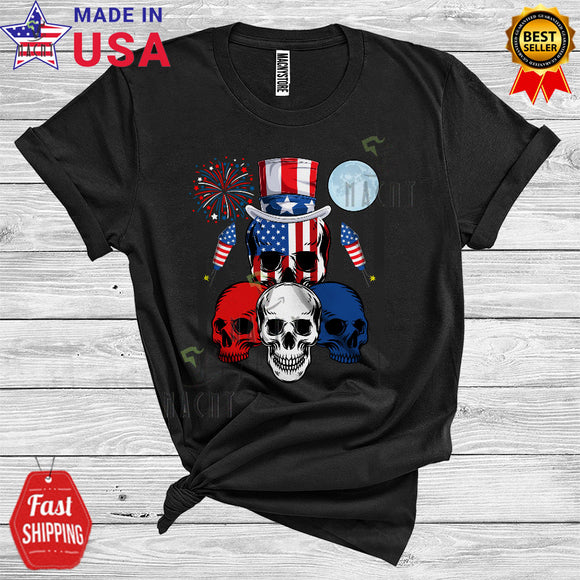 MacnyStore - Skull 4th Of July Hat American Flag Proud Patriotic Friends Family Group T-Shirt