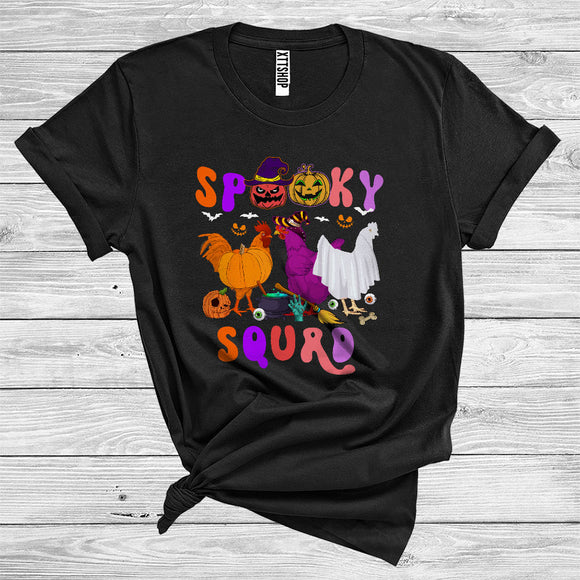MacnyStore - Spooky Squad Funny Three Witch Pumpkin Ghost Boo Chickens Halloween Costume Farm Animal Lover T-Shirt