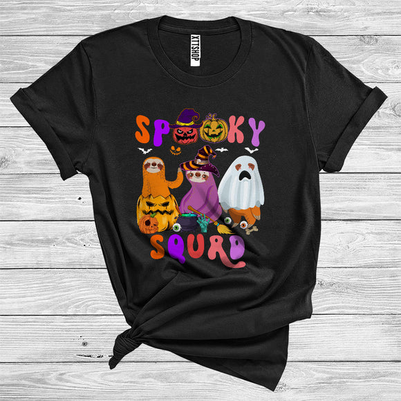 MacnyStore - Spooky Squad Funny Three Witch Pumpkin Ghost Boo Sloths Halloween Costume Wild Animal Lover T-Shirt