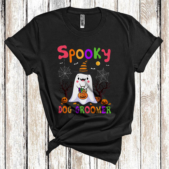MacnyStore - Spooky Dog Groomer Funny Witch Boo Ghost With Jack O Lantern Halloween Costume Careers Group T-Shirt