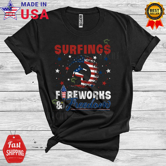 MacnyStore - Surfings Fireworks And Freedom Patriotic 4th Of July Proud American Flag Waving Sea T-Shirt